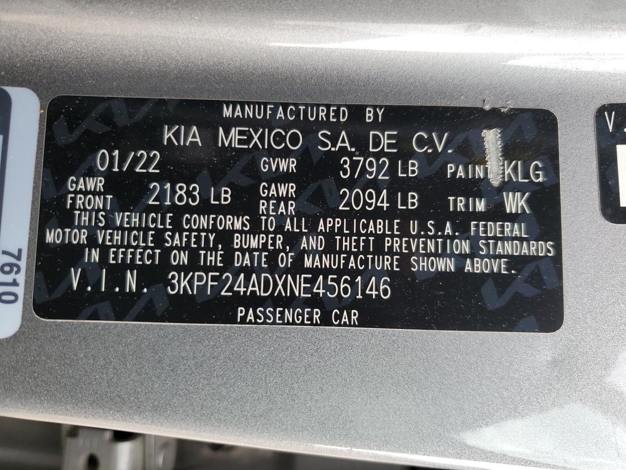 2022 Kia Forte Fe VIN: 3KPF24ADXNE456146 Lot: 92125095