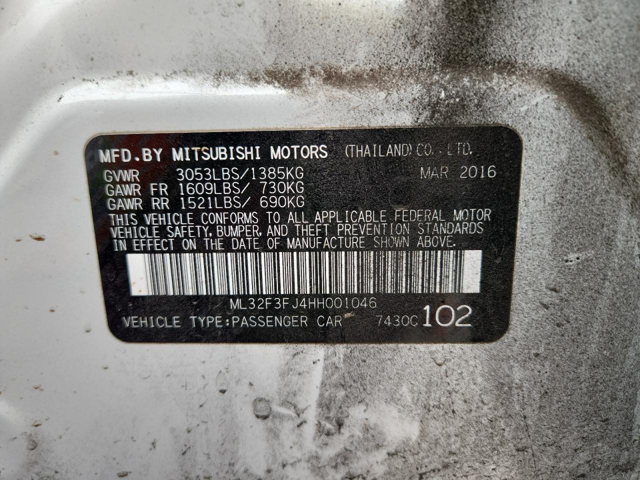 2017 Mitsubishi Mirage G4 Es VIN: ML32F3FJ4HH001046 Lot: 92268825