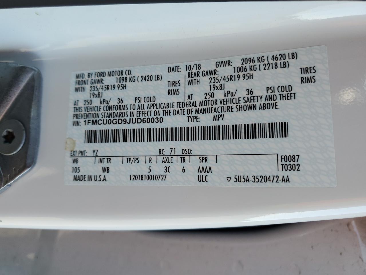 2018 Ford Escape Se VIN: 1FMCU0GD9JUD60030 Lot: 92235495