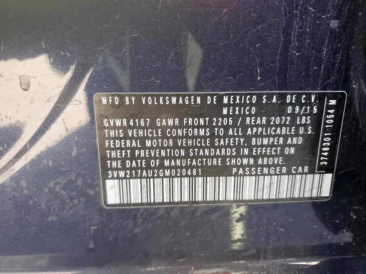 2016 Volkswagen Golf S/Se VIN: 3VW217AU2GM020481 Lot: 91669505
