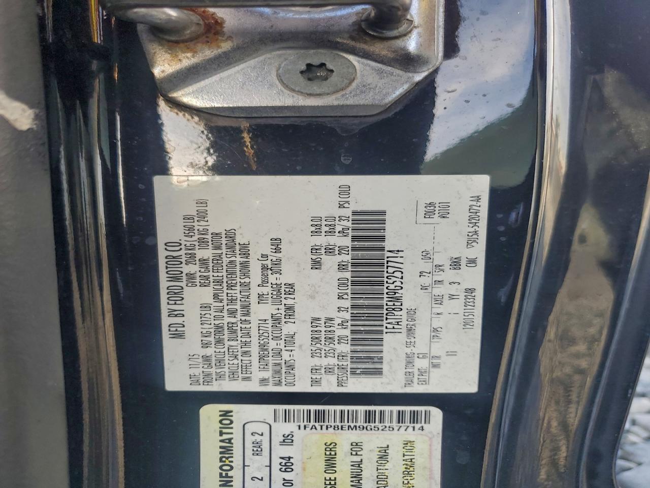 2016 Ford Mustang VIN: 1FATP8EM9G5257714 Lot: 94238225