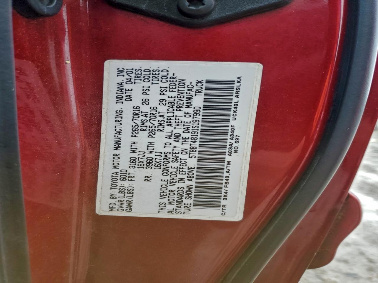 2001 Toyota Tundra Access Cab Limited VIN: 5TBBT48191S197990 Lot: 93868175