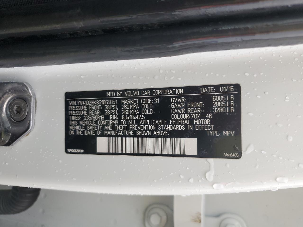 2016 Volvo Xc90 T5 VIN: YV4102XK8G1065851 Lot: 93072975