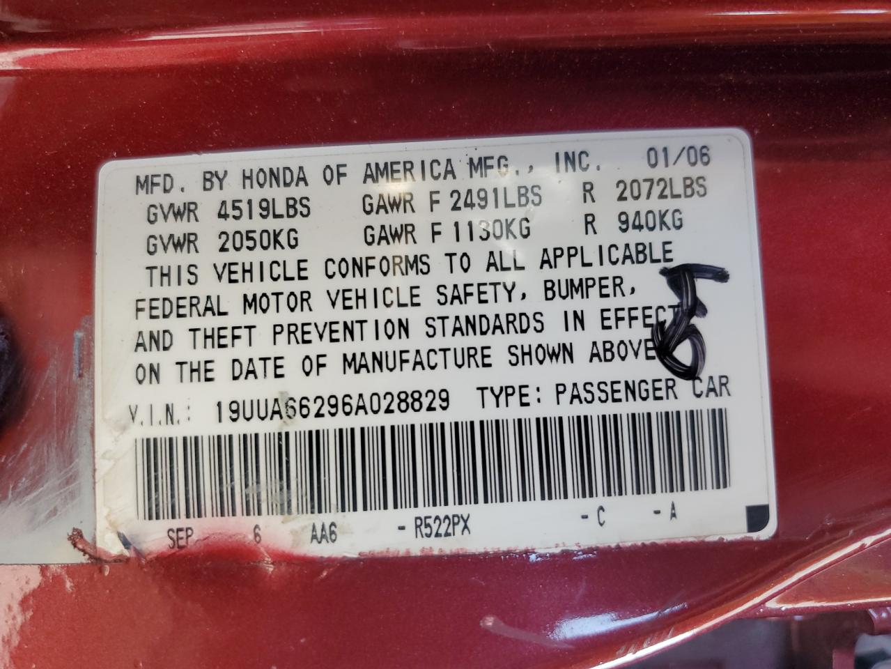 2006 Acura 3.2Tl VIN: 19UUA66296A028829 Lot: 91251855