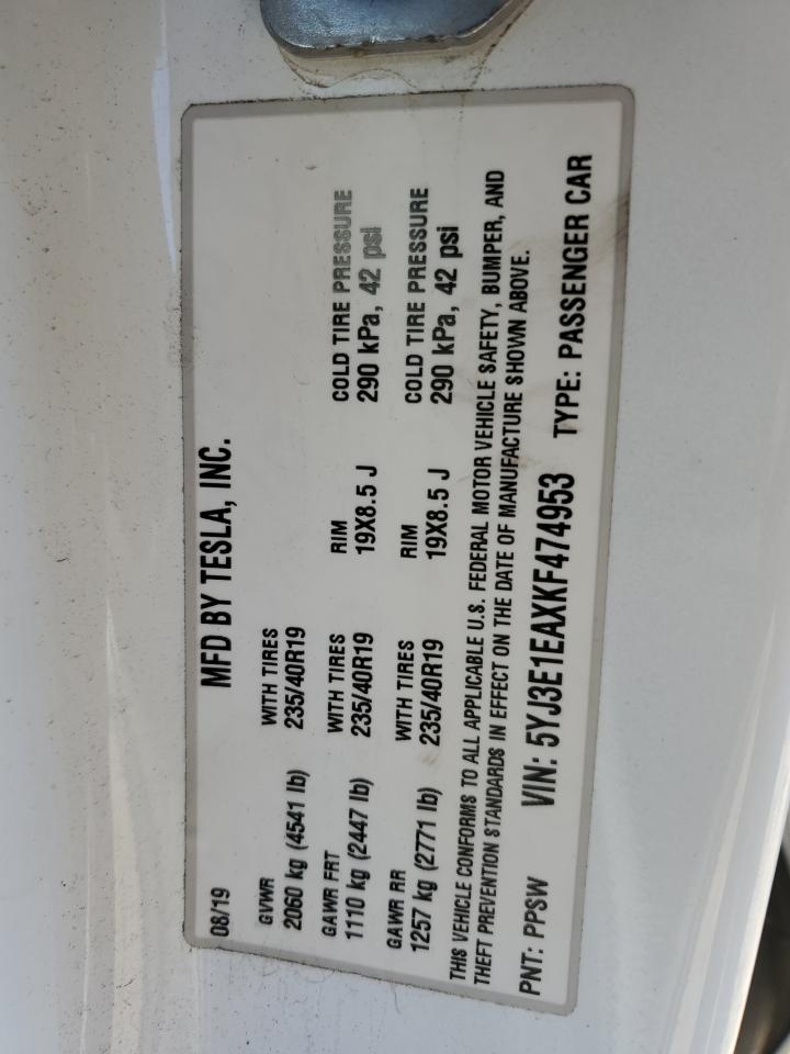 2019 Tesla Model 3 VIN: 5YJ3E1EAXKF474953 Lot: 91457715