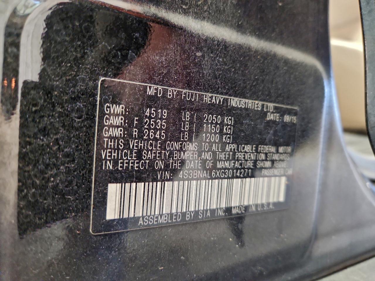 2016 Subaru Legacy 2.5I Limited VIN: 4S3BNAL6XG3014271 Lot: 94313155