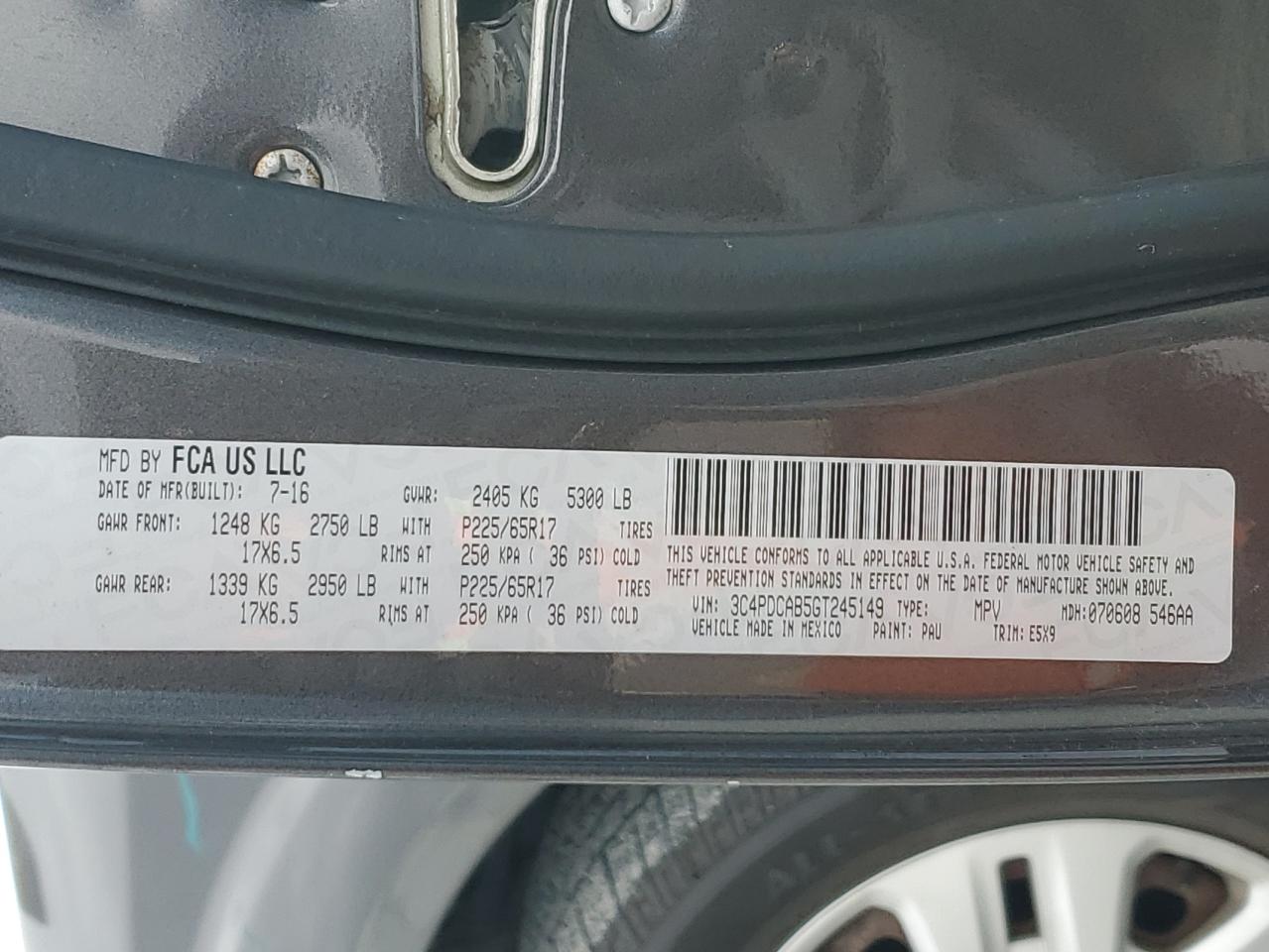 2016 Dodge Journey Se VIN: 3C4PDCAB5GT245149 Lot: 93330585