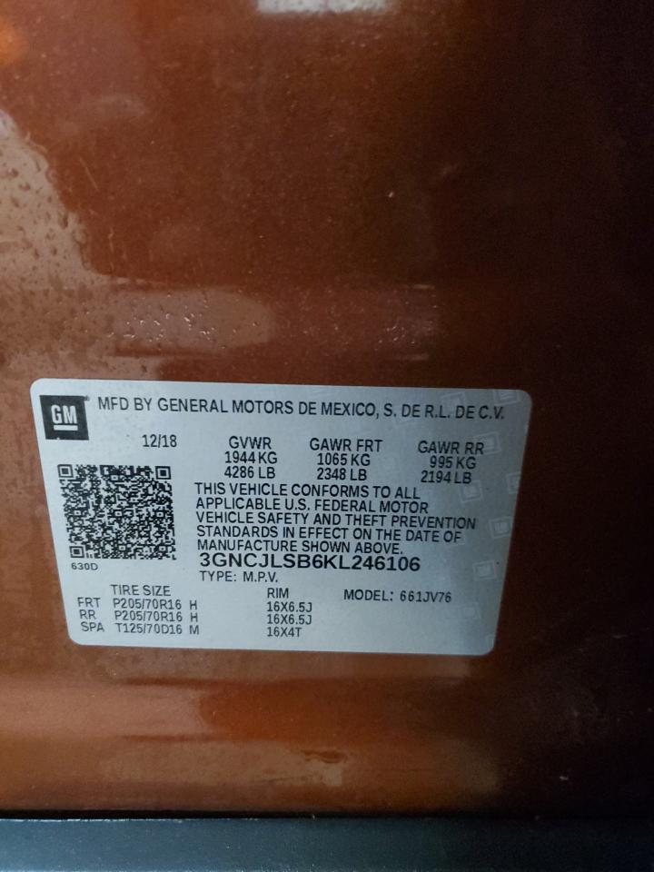 2019 Chevrolet Trax 1Lt VIN: 3GNCJLSB6KL246106 Lot: 92234975