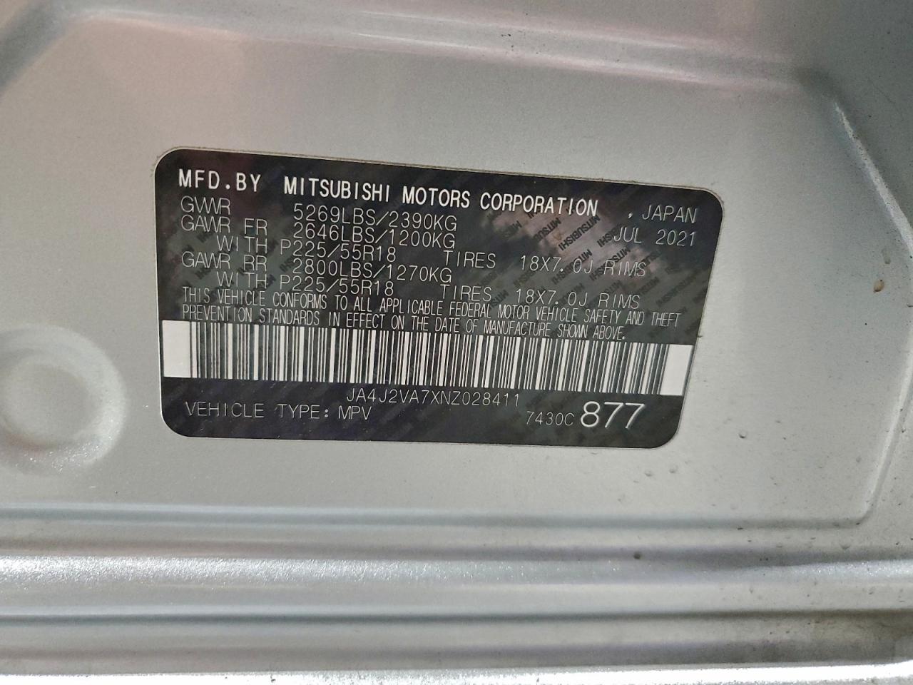 2022 Mitsubishi Outlander Sel VIN: JA4J2VA7XNZ028411 Lot: 94576665