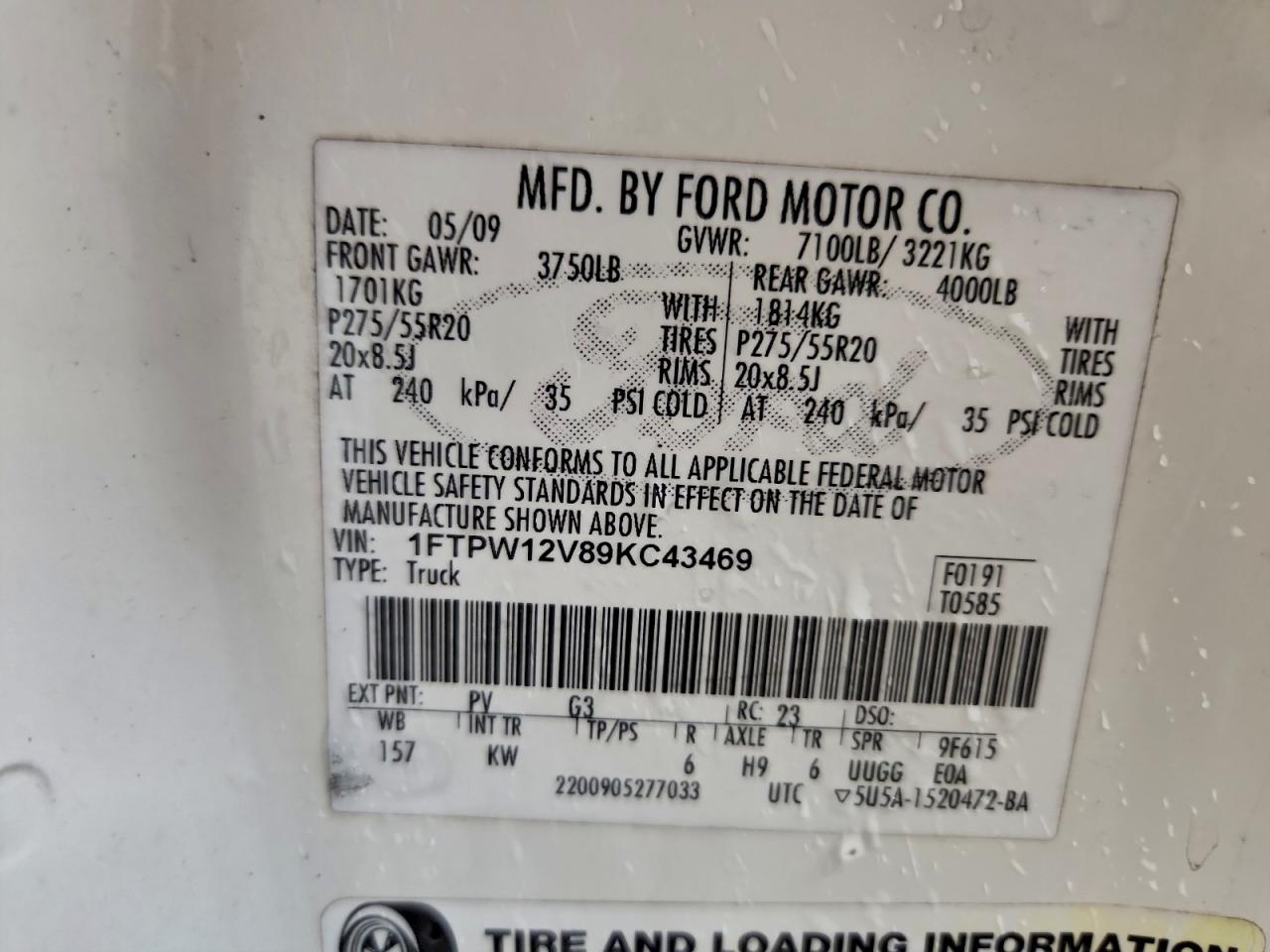 2009 Ford F150 Supercrew VIN: 1FTPW12V89KC43469 Lot: 93498575