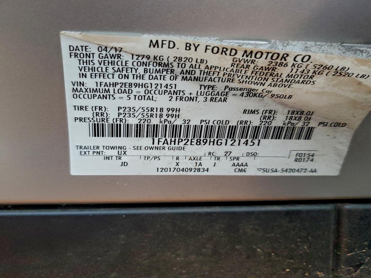 2017 Ford Taurus Sel VIN: 1FAHP2E89HG121451 Lot: 93129985