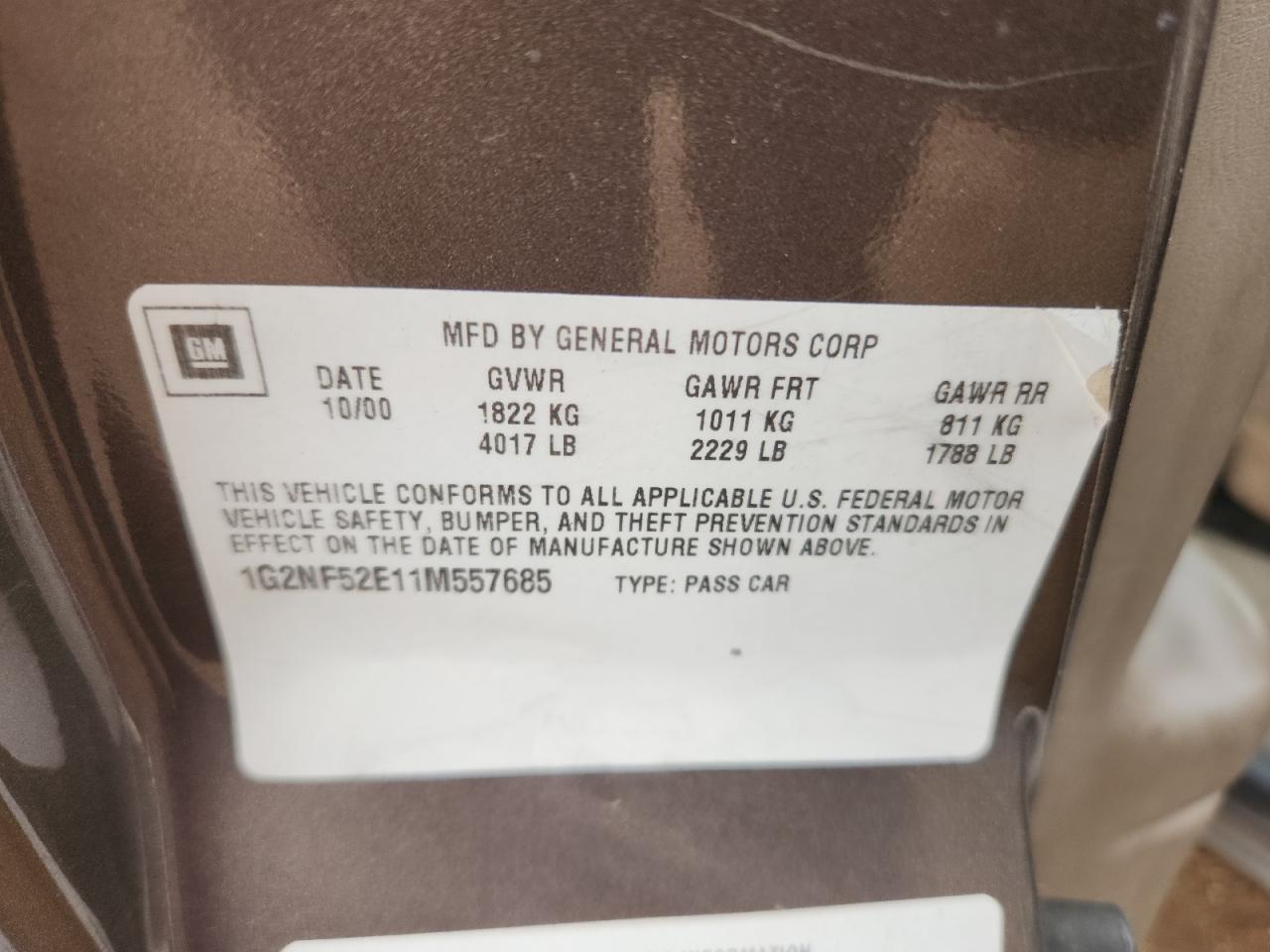 2001 Pontiac Grand Am Se1 VIN: 1G2NF52E11M557685 Lot: 91261455