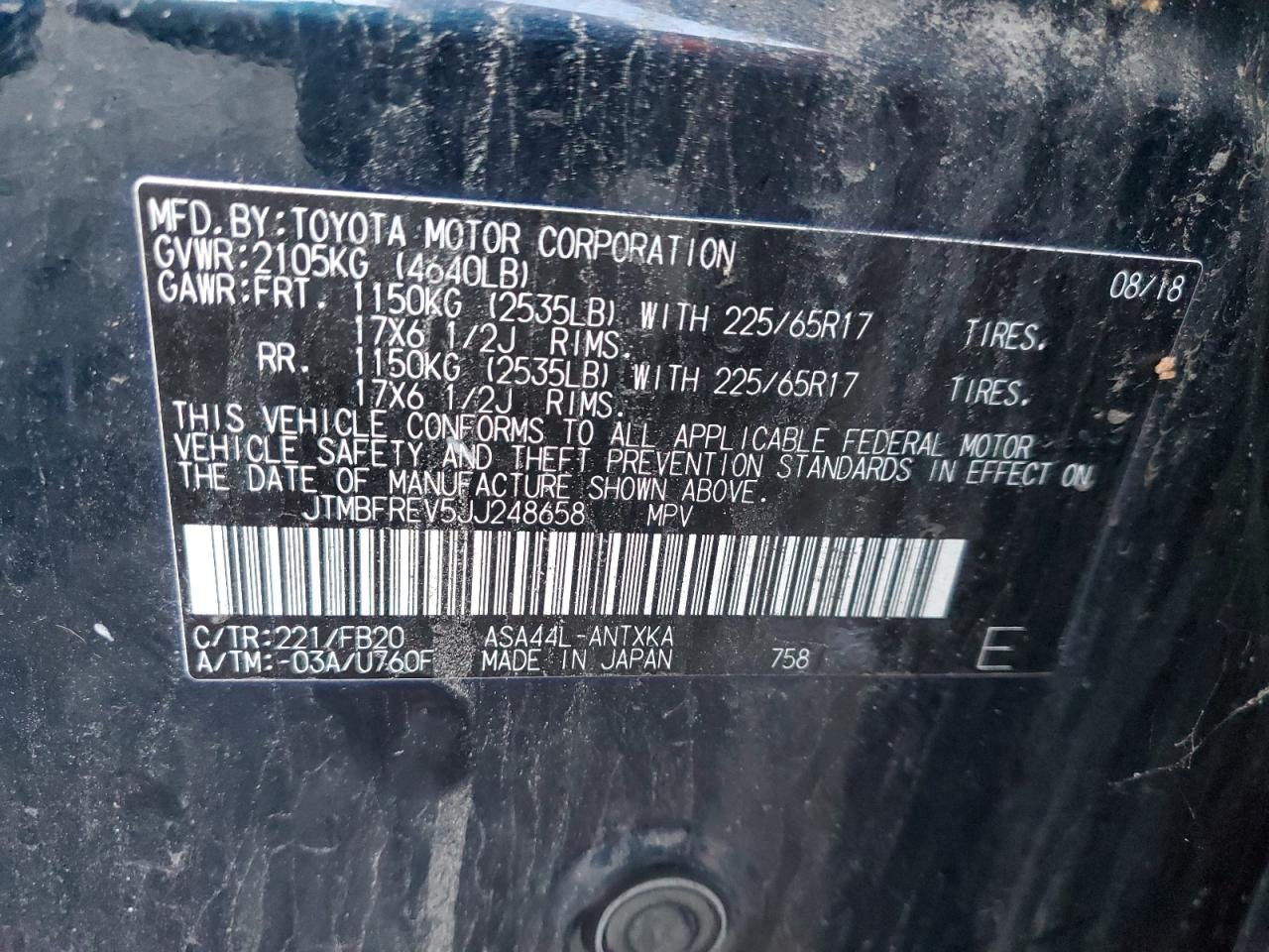 2018 Toyota Rav4 Le VIN: JTMBFREV5JJ248658 Lot: 93461625