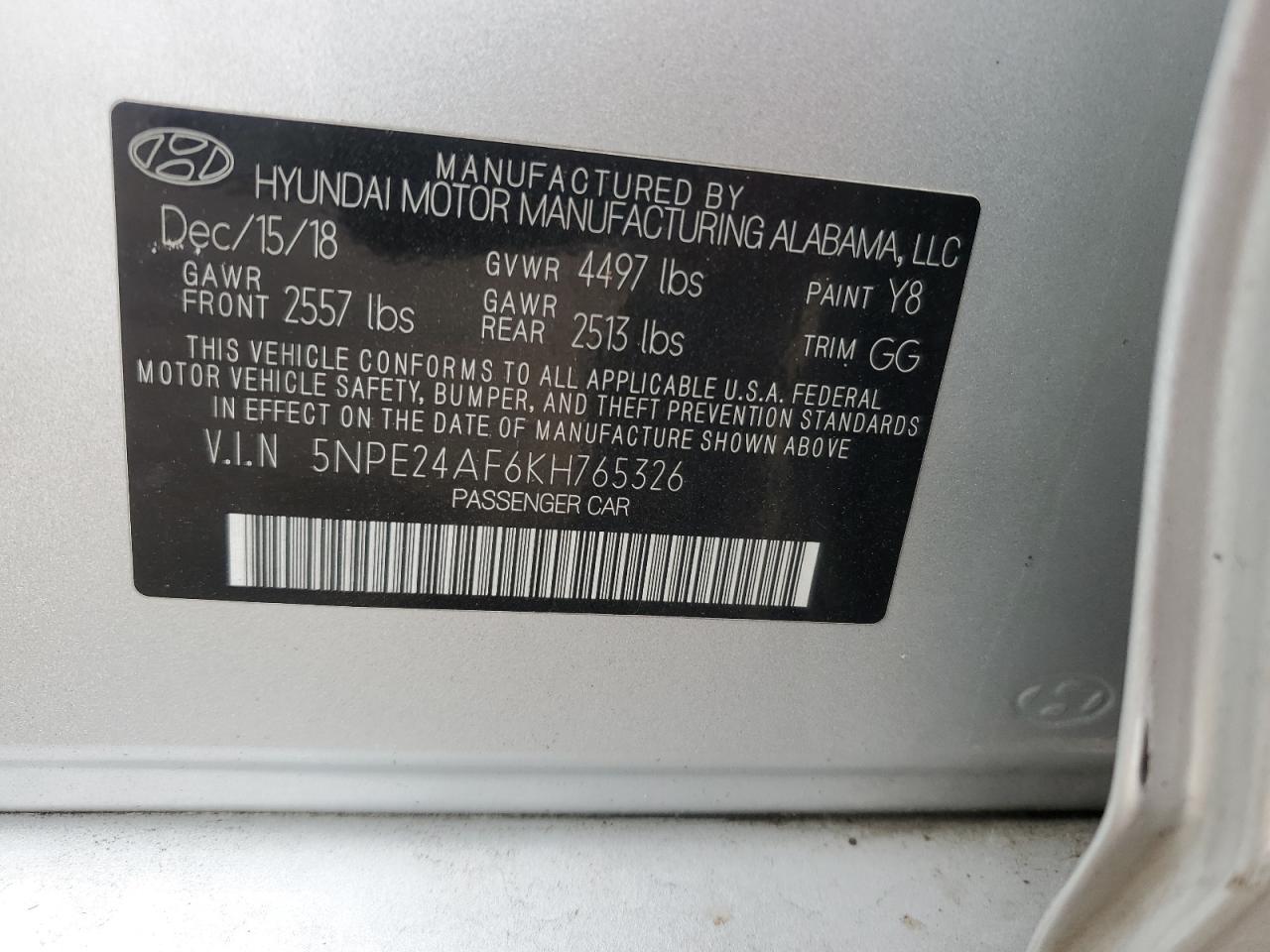 2019 Hyundai Sonata Se VIN: 5NPE24AF6KH765326 Lot: 93747065