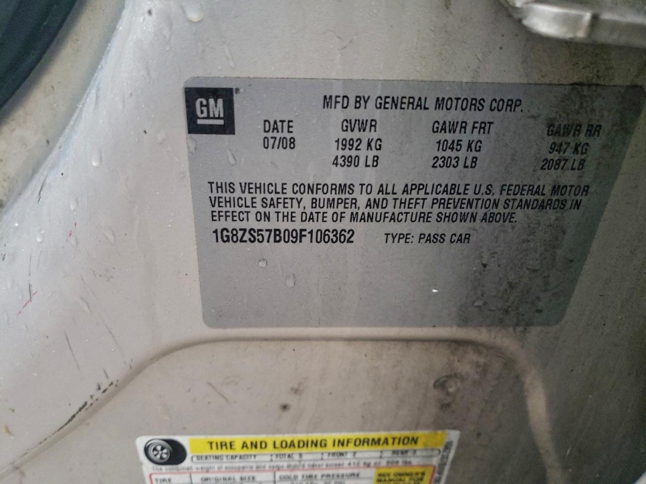 2009 Saturn Aura Xe VIN: 1G8ZS57B09F106362 Lot: 93877235