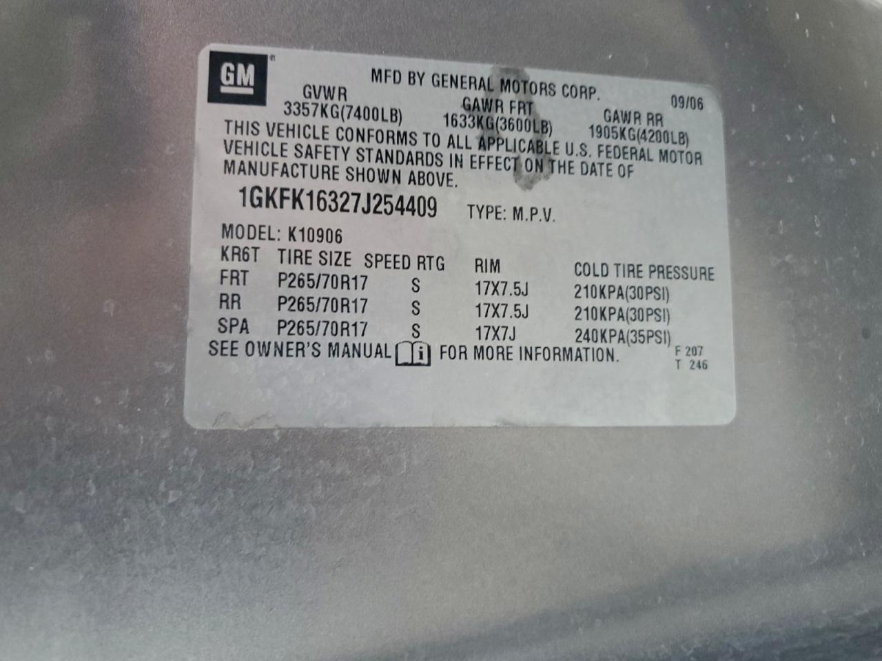 2007 GMC Yukon Xl K1500 VIN: 1GKFK16327J254409 Lot: 93337765