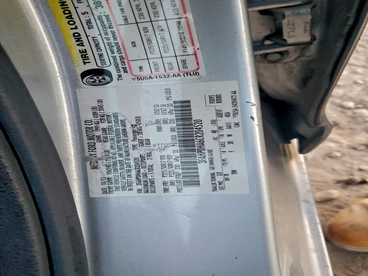 2012 Ford Fusion Se VIN: 3FAHP0HA6CR204520 Lot: 93341165