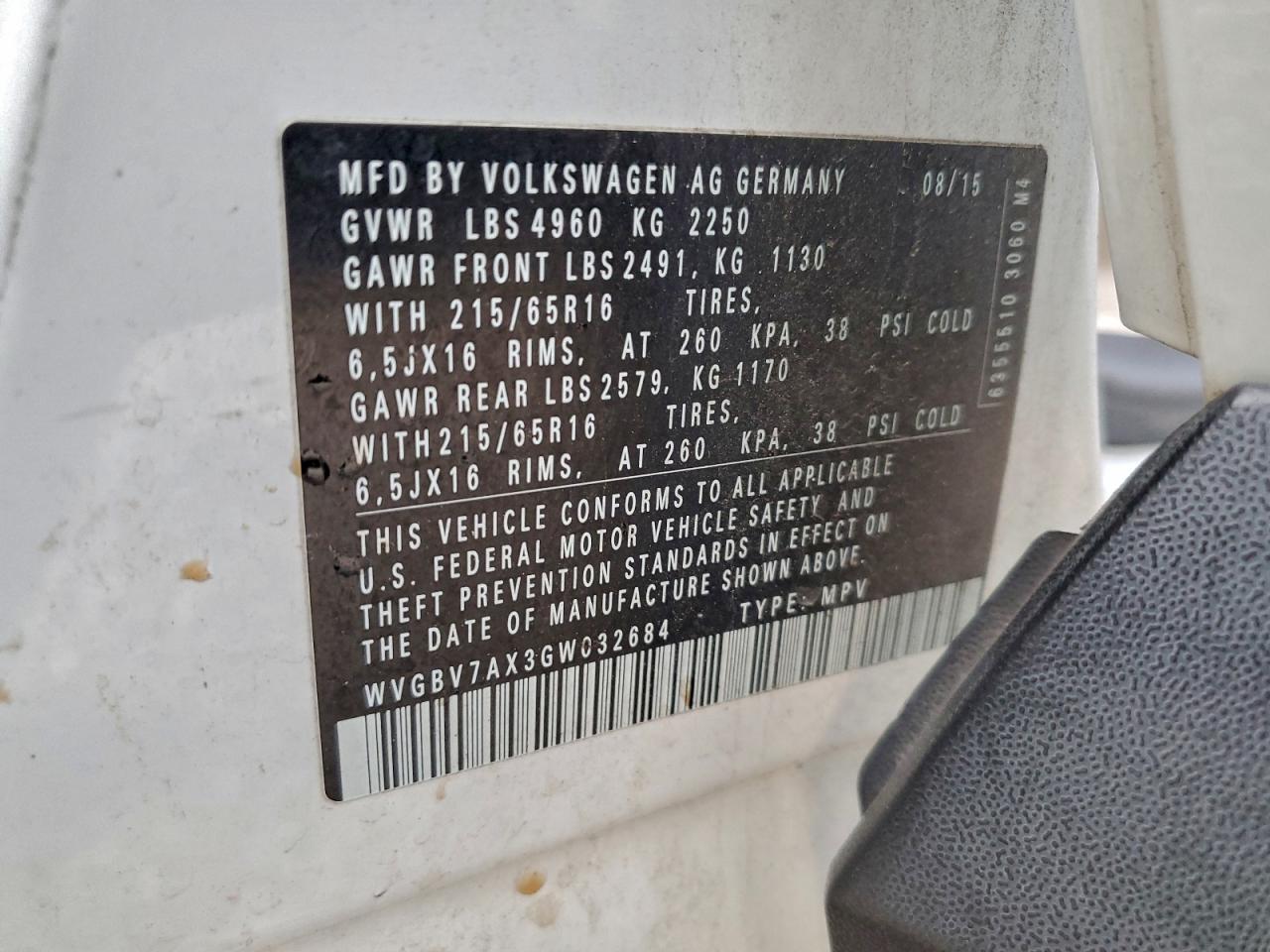 2016 Volkswagen Tiguan S VIN: WVGBV7AX3GW032684 Lot: 94234515