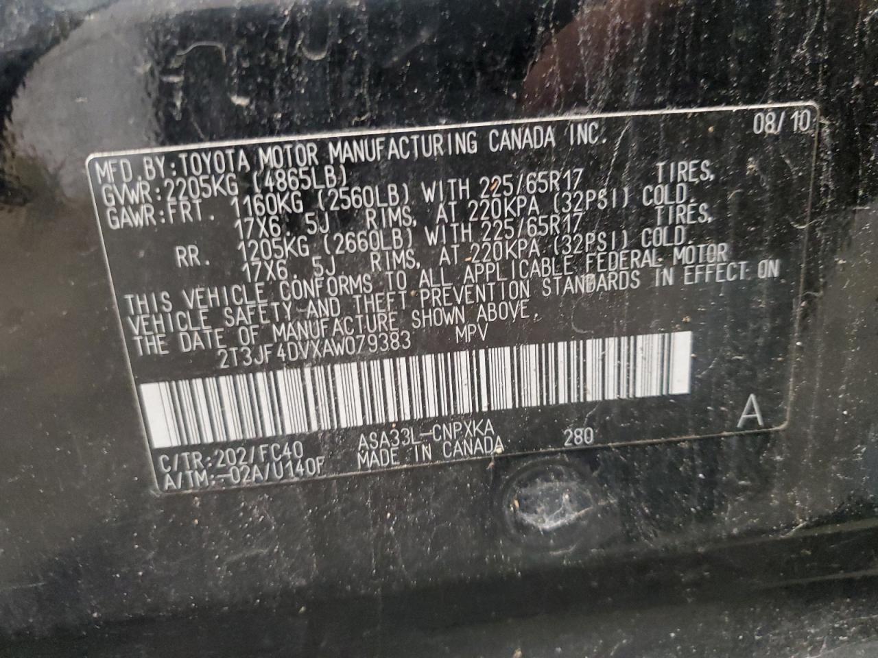 2010 Toyota Rav4 VIN: 2T3JF4DVXAW079383 Lot: 91178315