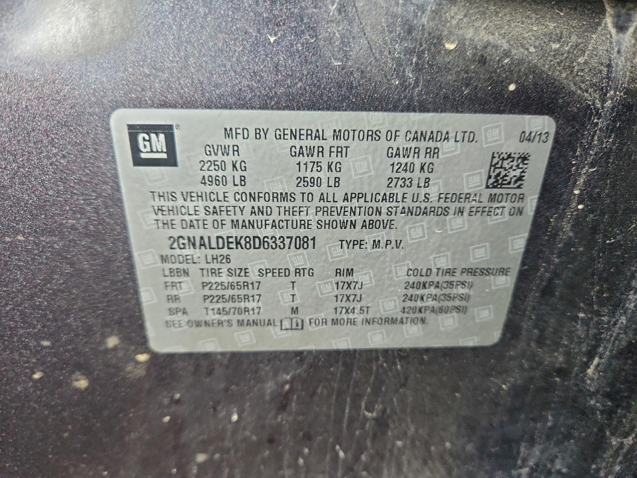 2013 Chevrolet Equinox Lt VIN: 2GNALDEK8D6337081 Lot: 94351655