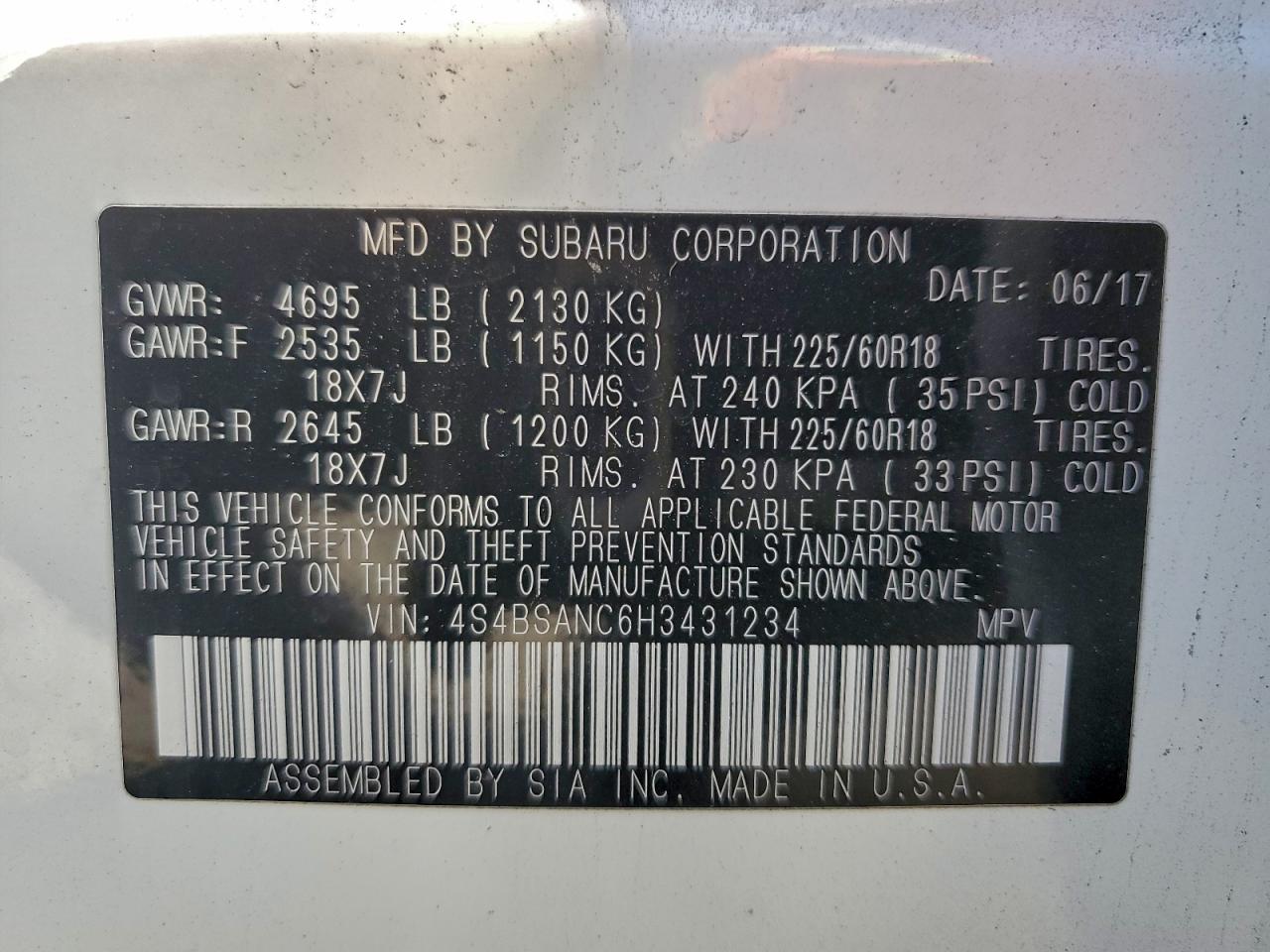 2017 Subaru Outback 2.5I Limited VIN: 4S4BSANC6H3431234 Lot: 94295595