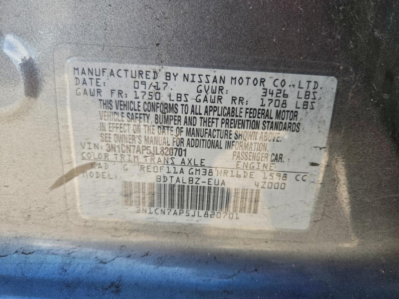 2018 Nissan Versa S VIN: 3N1CN7AP5JL820701 Lot: 93923445