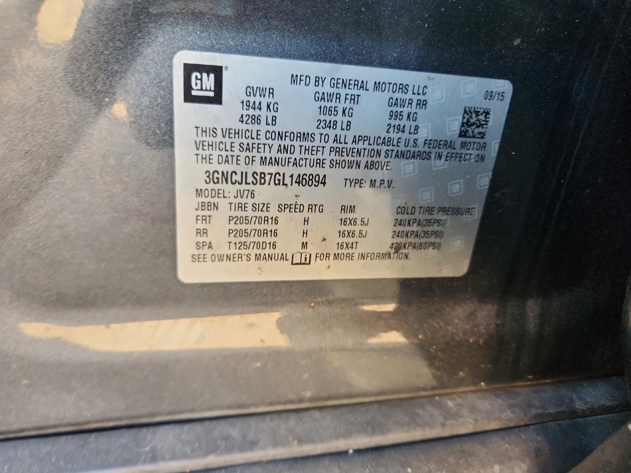 2016 Chevrolet Trax 1Lt VIN: 3GNCJLSB7GL146894 Lot: 93187865