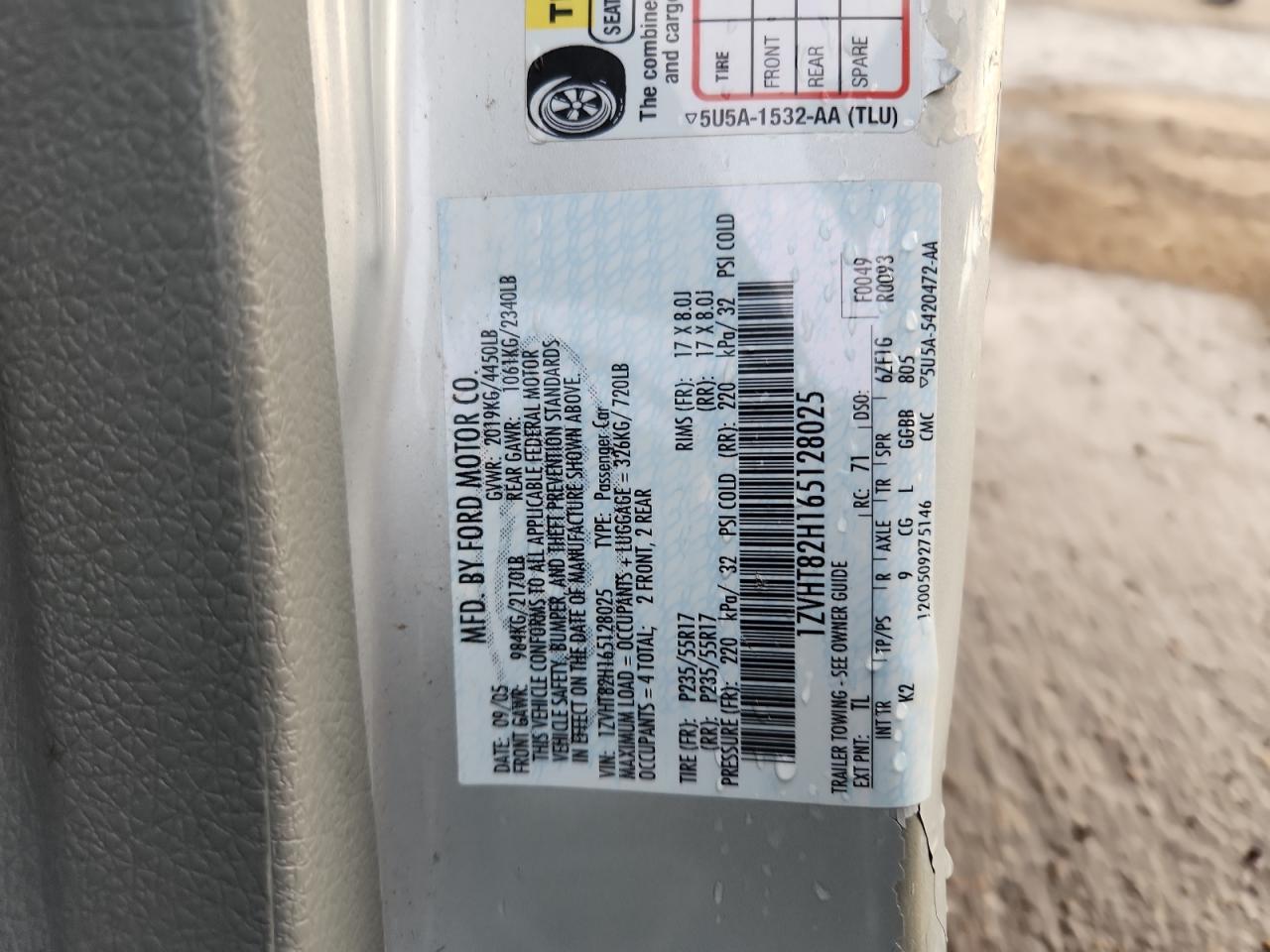 2006 Ford Mustang Gt VIN: 1ZVHT82H165128025 Lot: 92287325