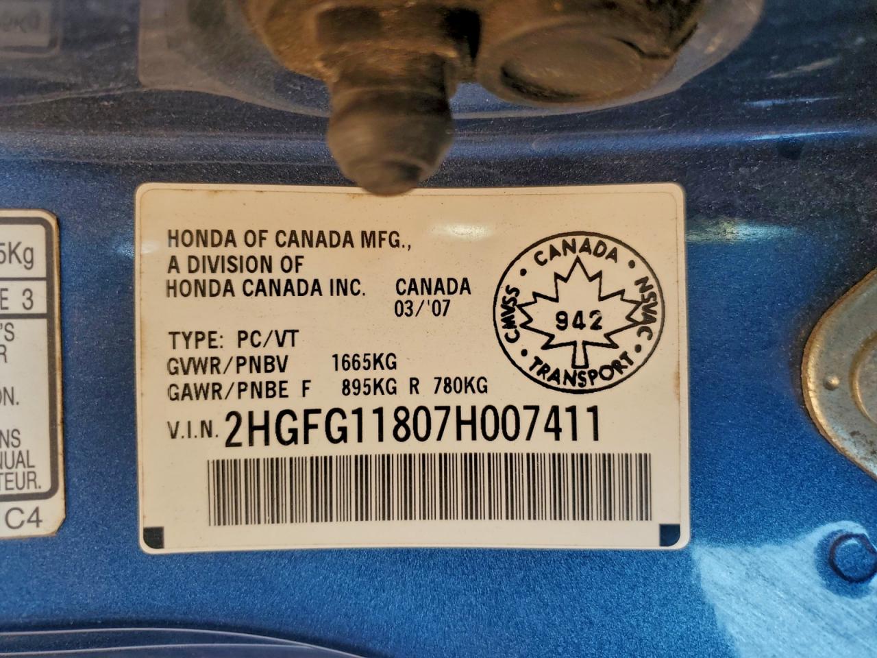 2007 Honda Civic Ex VIN: 2HGFG11807H007411 Lot: 94187735