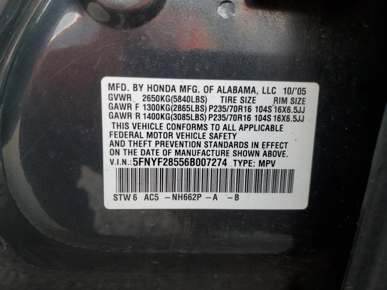 2006 Honda Pilot Ex VIN: 5FNYF28556B007274 Lot: 92349175