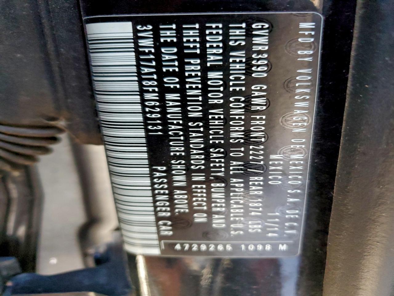 2015 Volkswagen Beetle 1.8T VIN: 3VWF17AT8FM629131 Lot: 93878905