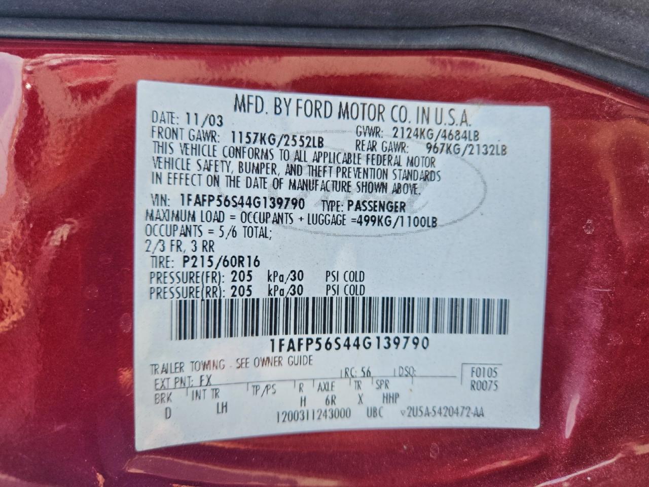 2004 Ford Taurus Sel VIN: 1FAFP56S44G139790 Lot: 94188585