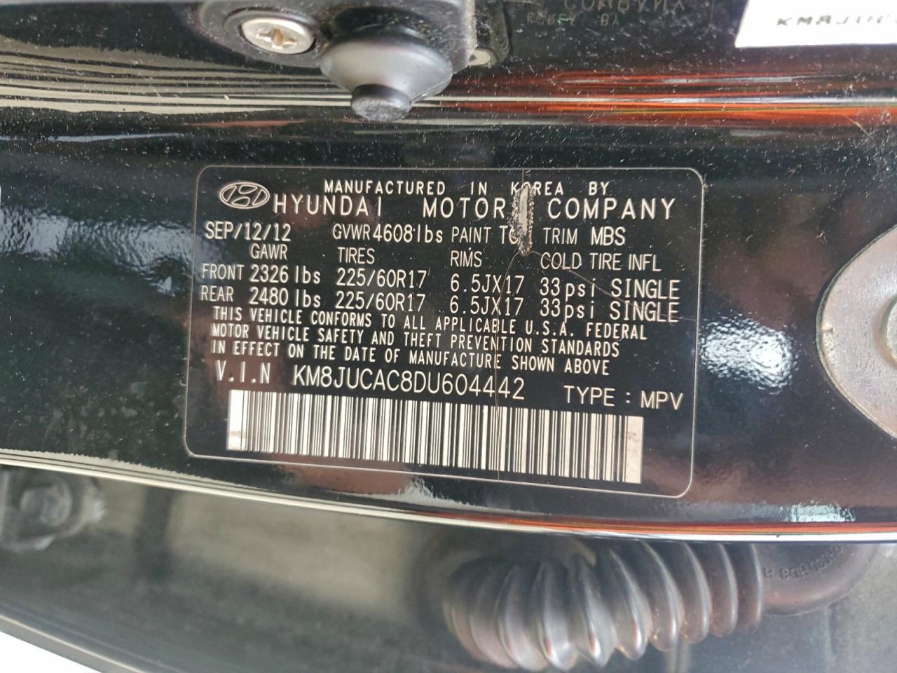 2013 Hyundai Tucson Gls VIN: KM8JUCAC8DU604442 Lot: 94221945