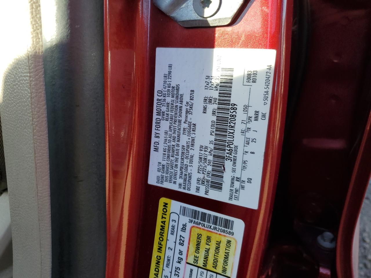 2018 Ford Fusion Se Hybrid VIN: 3FA6P0LUXJR208589 Lot: 91306635