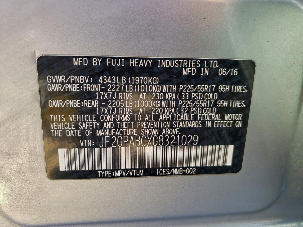 2016 Subaru Crosstrek Premium VIN: JF2GPABCXG8321029 Lot: 93431985