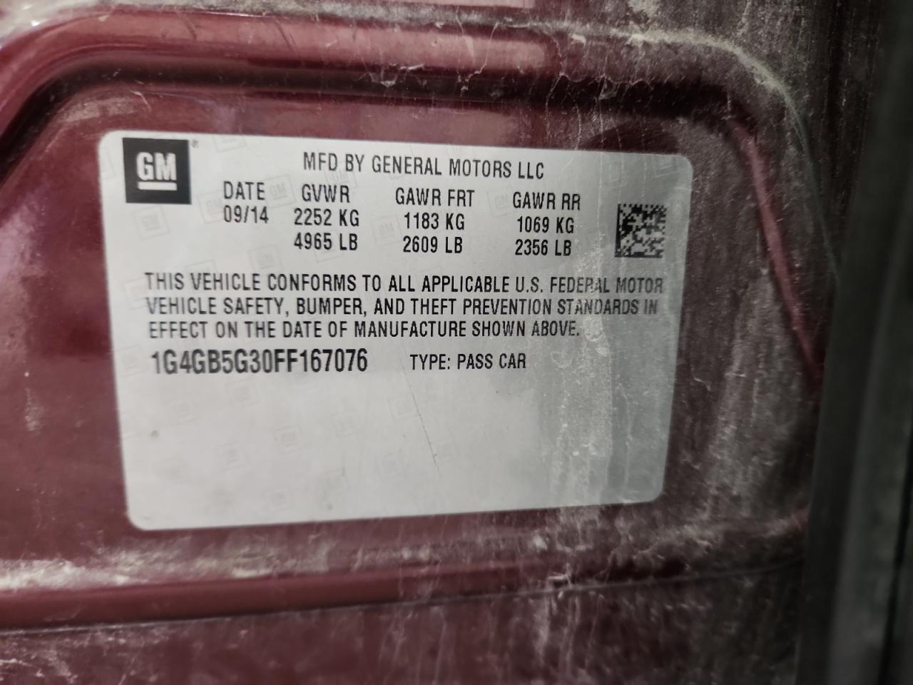 2015 Buick Lacrosse VIN: 1G4GB5G30FF167076 Lot: 92881695