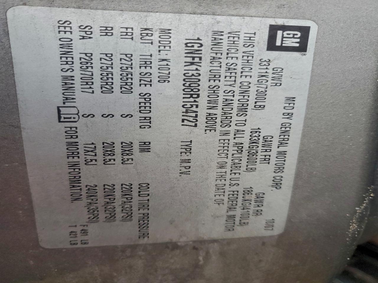 2008 Chevrolet Tahoe K1500 VIN: 1GNFK13098R154727 Lot: 94517925