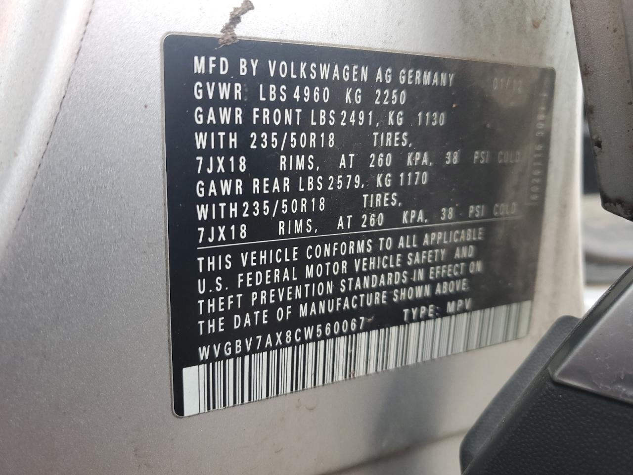 2012 Volkswagen Tiguan S VIN: WVGBV7AX8CW560067 Lot: 91105815