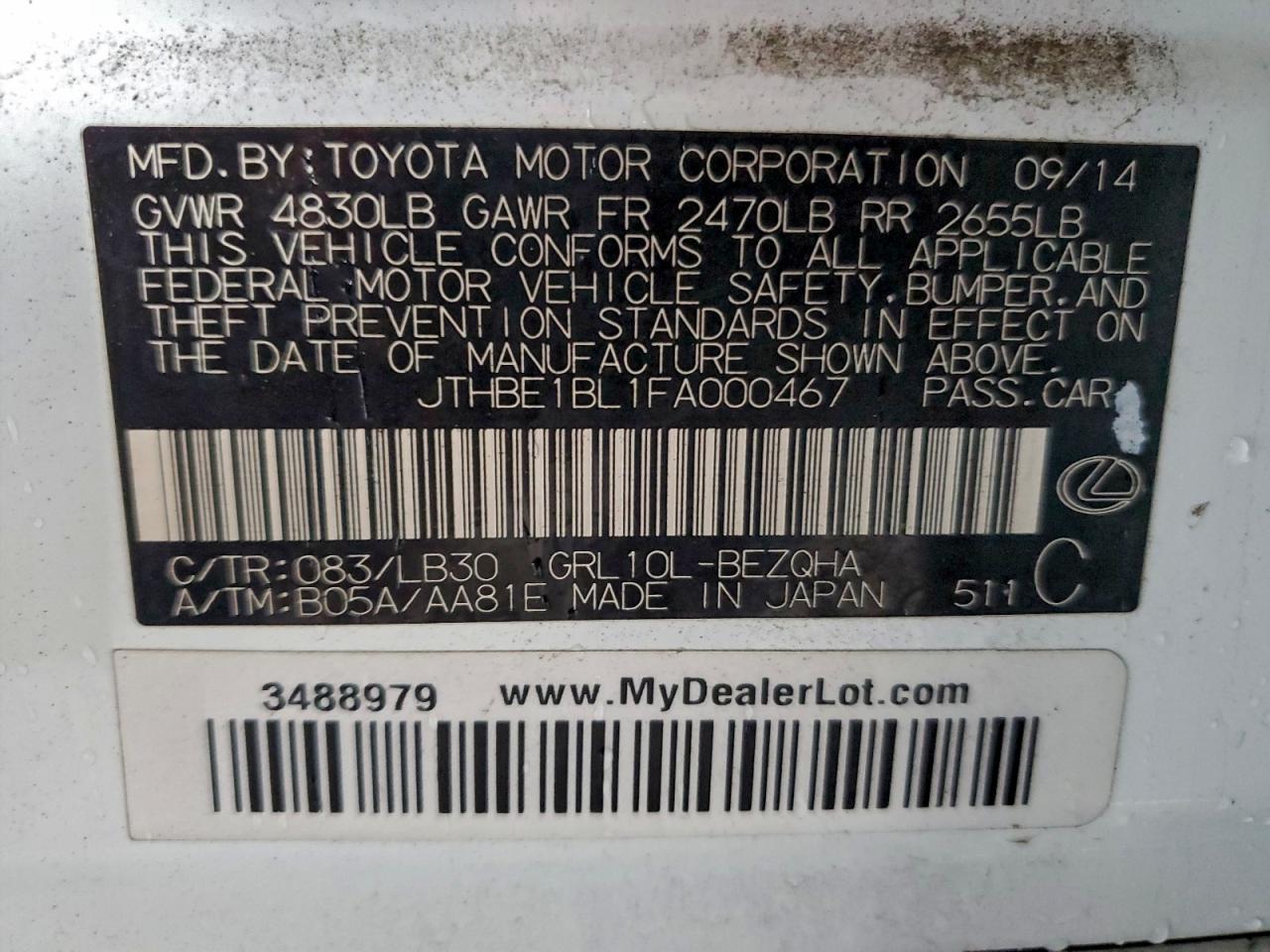 2015 Lexus Gs 350 VIN: JTHBE1BL1FA000467 Lot: 93762715