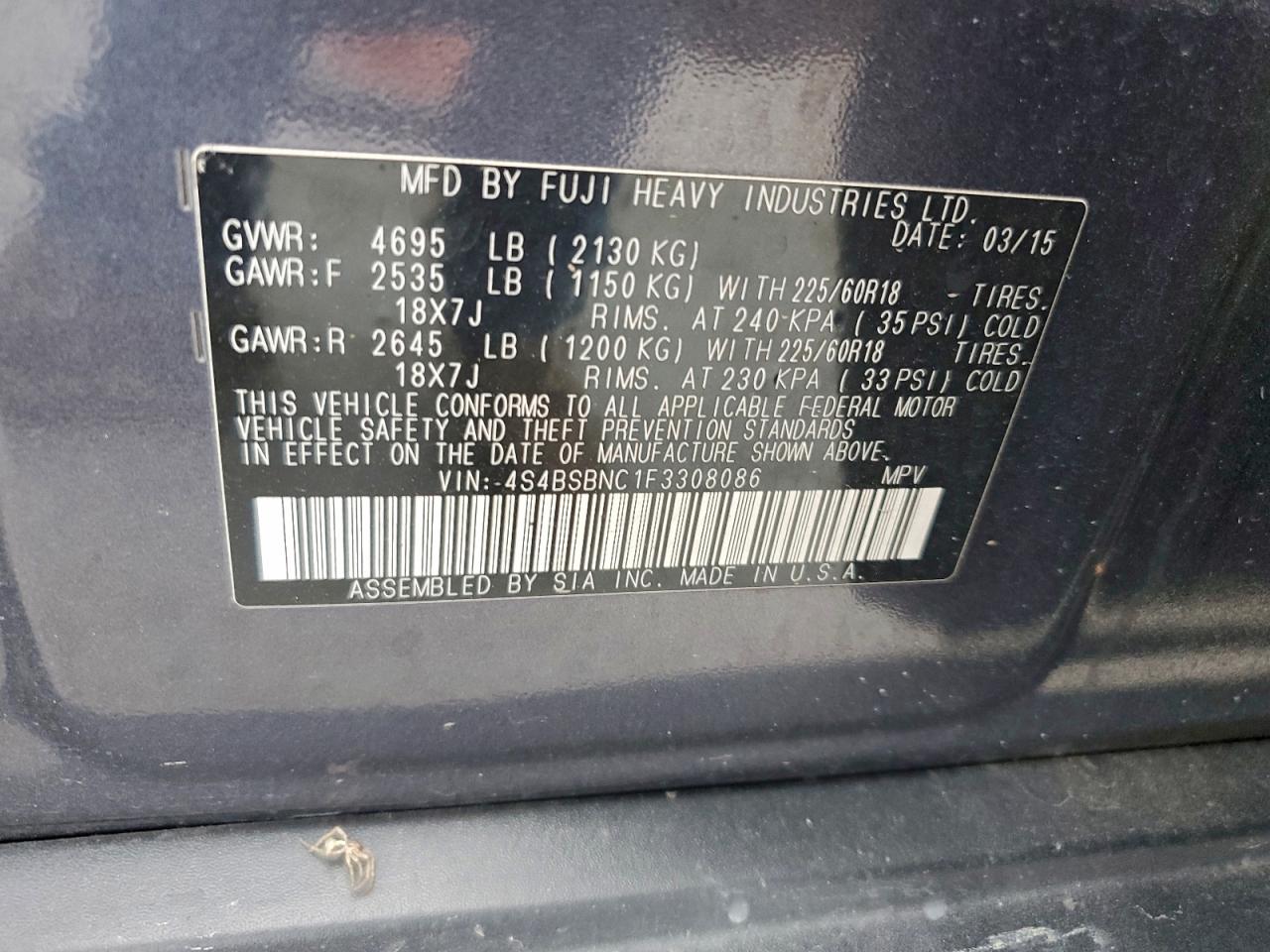 2015 Subaru Outback 2.5I Limited VIN: 4S4BSBNC1F3308086 Lot: 94367885