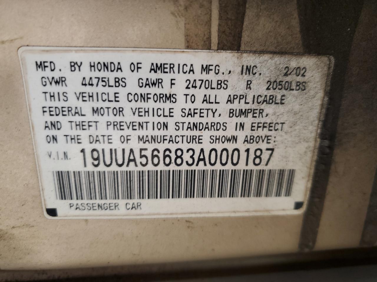 2003 Acura 3.2Tl VIN: 19UUA56683A000187 Lot: 93476165