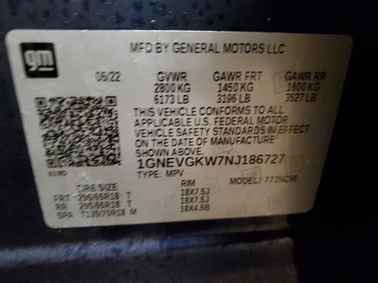 2022 Chevrolet Traverse Lt VIN: 1GNEVGKW7NJ186727 Lot: 92534465