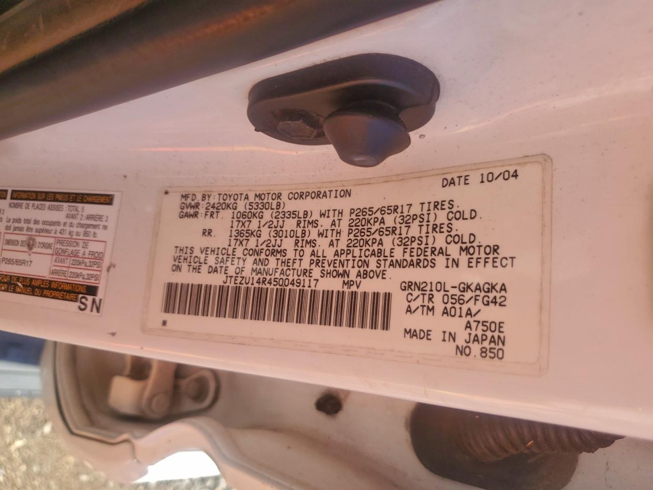 2005 Toyota 4Runner Sr5 VIN: JTEZU14R450049117 Lot: 94117315