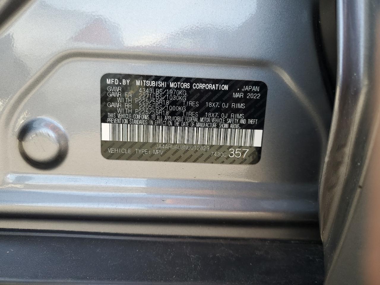 2022 Mitsubishi Outlander Sport Es VIN: JA4ARUAU8NU012829 Lot: 92088895