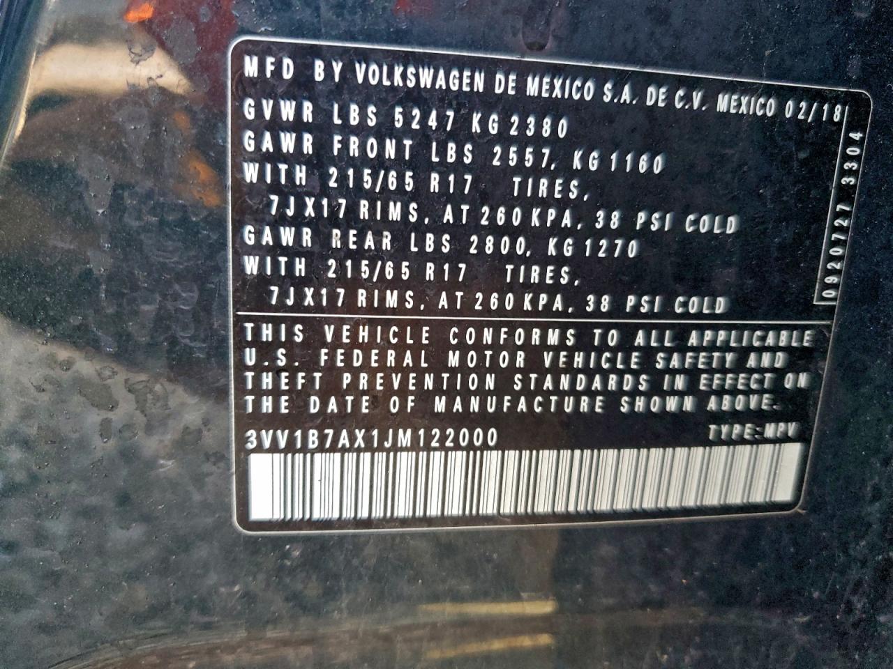 2018 Volkswagen Tiguan S VIN: 3VV1B7AX1JM122000 Lot: 93848515