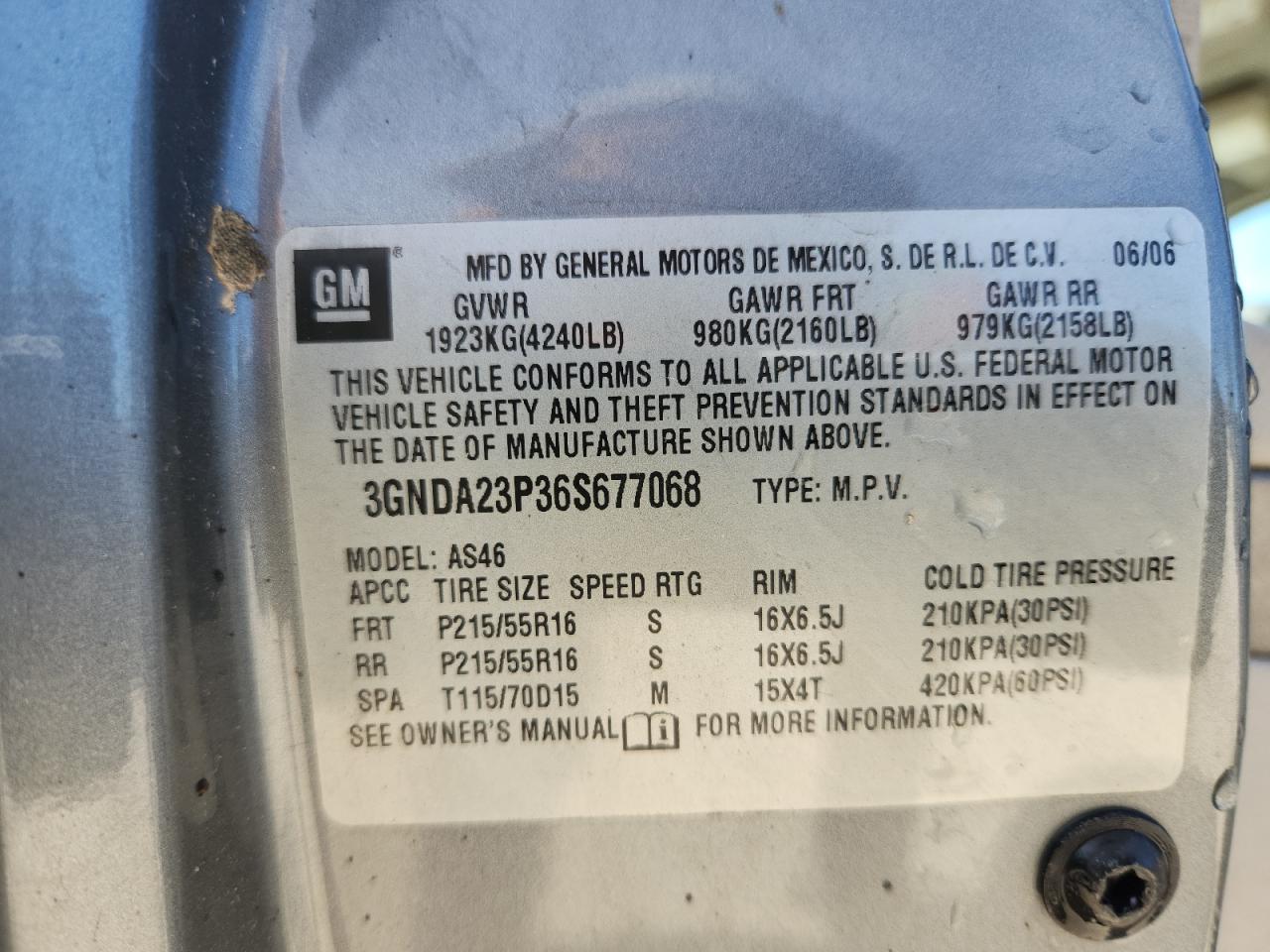 2006 Chevrolet Hhr Lt VIN: 3GNDA23P36S677068 Lot: 91454015