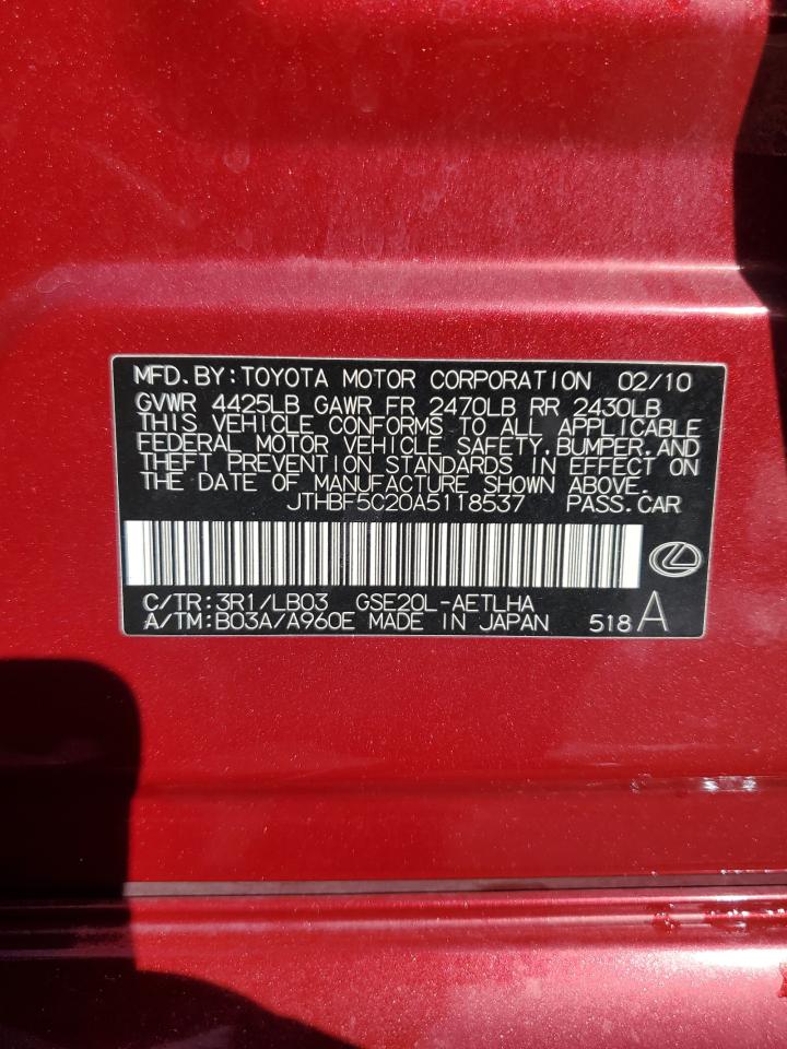 2010 Lexus Is 250 VIN: JTHBF5C20A5118537 Lot: 93142635