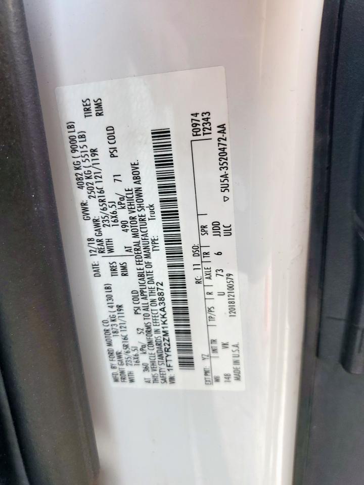 2019 Ford Transit T-250 VIN: 1FTYR2ZM1KKA38872 Lot: 93383885