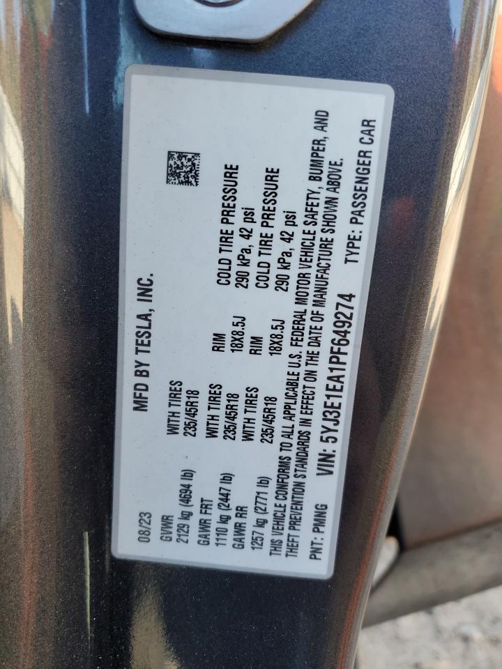 2023 Tesla Model 3 VIN: 5YJ3E1EA1PF649274 Lot: 91878165