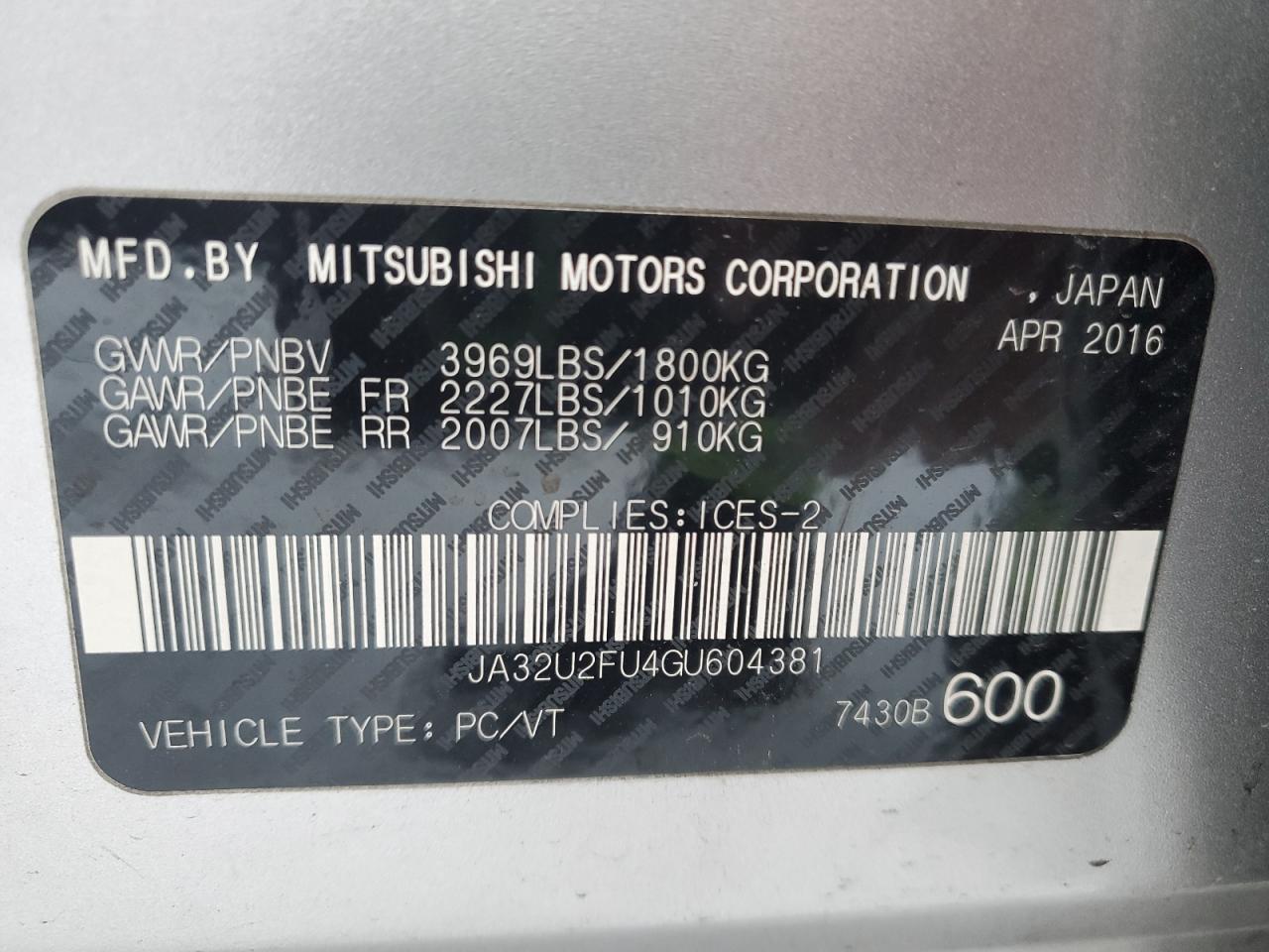 2016 Mitsubishi Lancer Es VIN: JA32U2FU4GU604381 Lot: 93000795